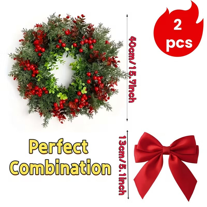 Artificial Christmas Wreath with Red Bow (2pcs)