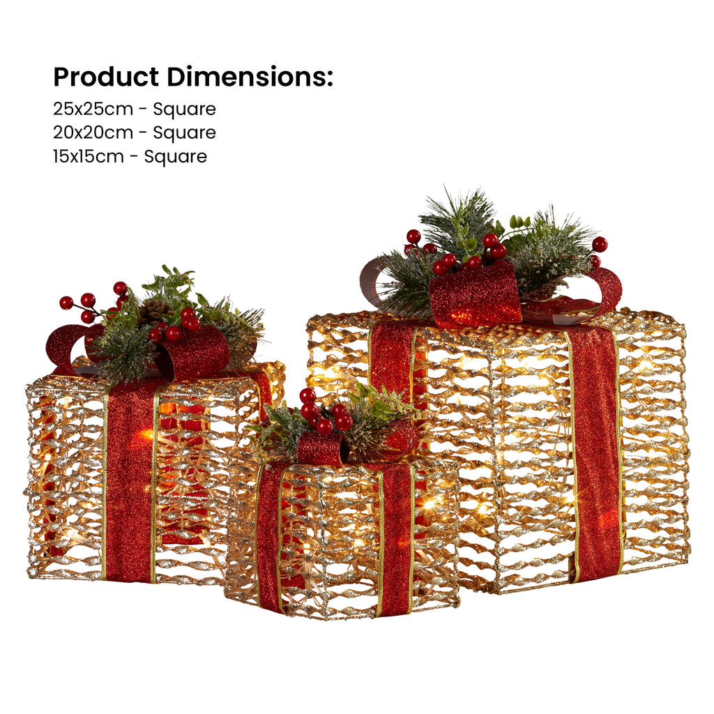 Christabelle Set Of 3 Christmas Gift Boxes With Lights - Champagne With Red Bows