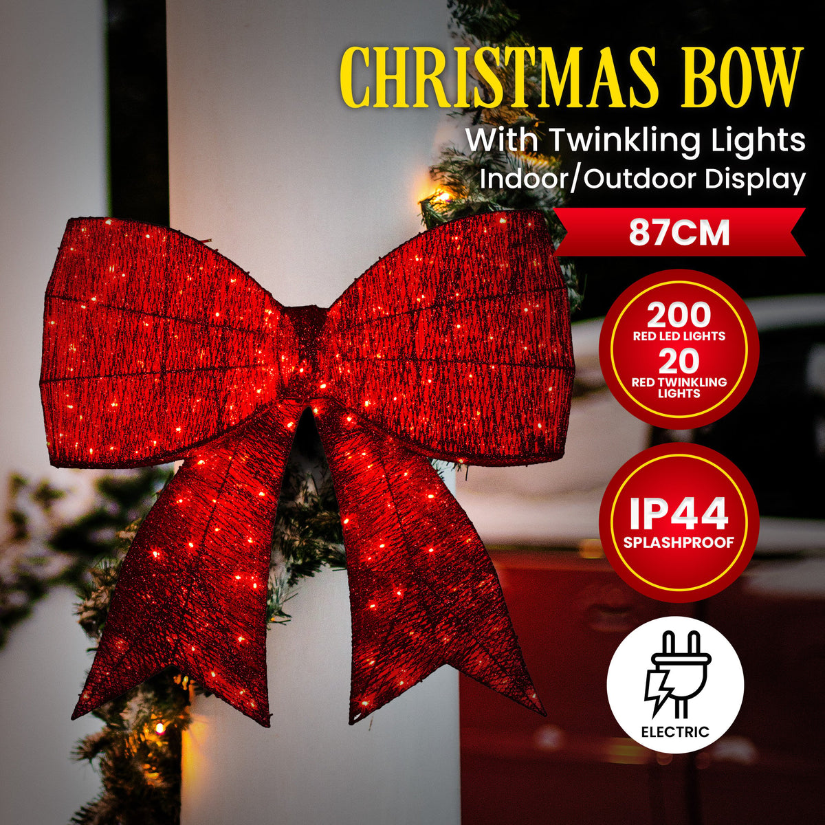 Christabelle Christmas Display Bow 91cm with LED and Twinkle Lights 5 Functions Christmas Festive Decorations Display Big Wired Bow