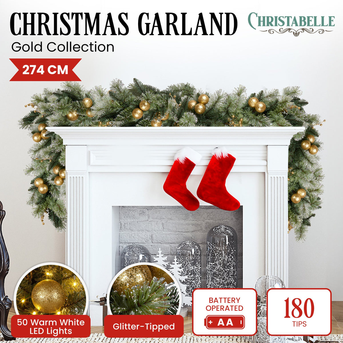 Christabelle 2.7m Christmas Garland with Gold Baubles and LED Lights Mantle Decoration Ornament
