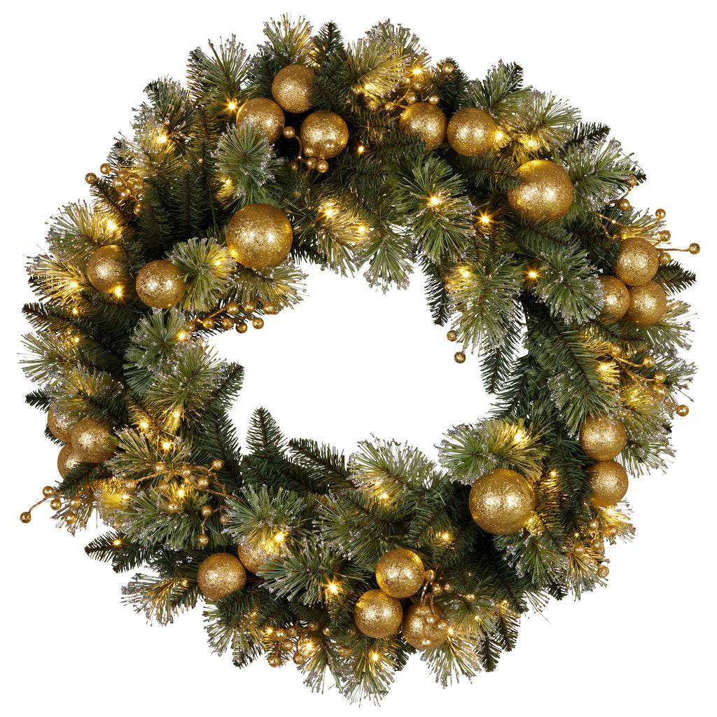 Christabelle 76cm Christmas Wreath Glittery Tipped with LED Lights and Golden Baubles Front Door Decoration Ornament