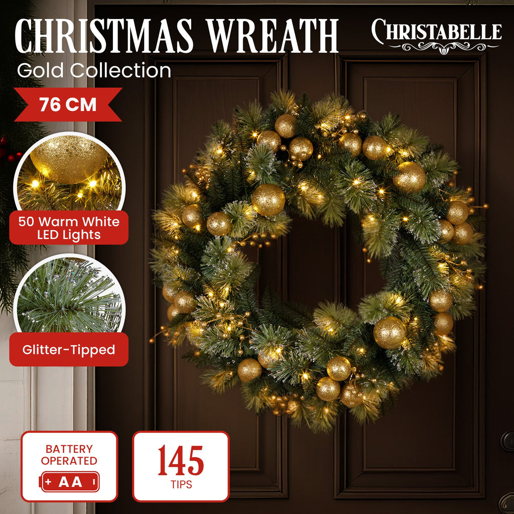 Christabelle 76cm Christmas Wreath Glittery Tipped with LED Lights and Golden Baubles Front Door Decoration Ornament