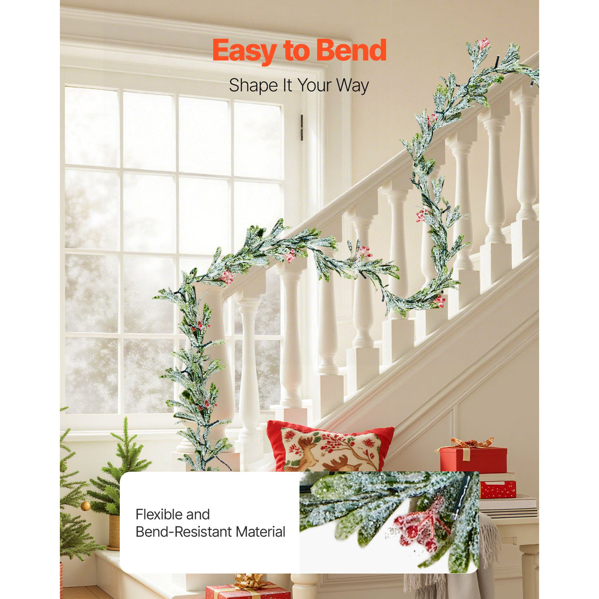 Christmas Garland, 2750 mm Realistic Greenery Decorated with Vines, Olive Leaves, and Berries, Evergreen Faux Garlands with Light String for Indoor Outdoor Xmas Decoration on Mantel Fireplace