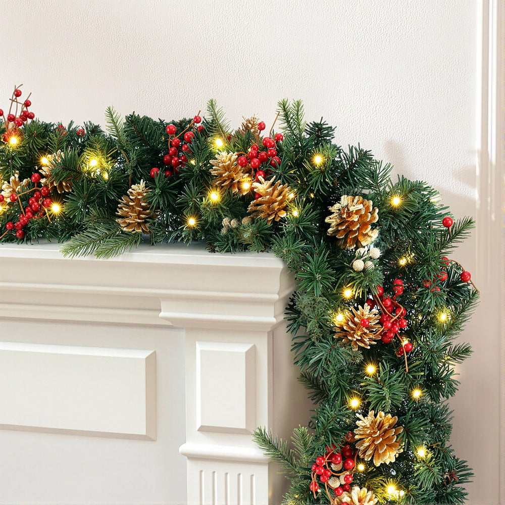 Jingle Jollys 1.8M Christmas Garland Pre-lit LED Pine Cones Berries Xmas Decor